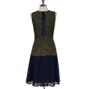 NWT Marchesa Voyage Lace Pleated Dress Navy Blue Green 2